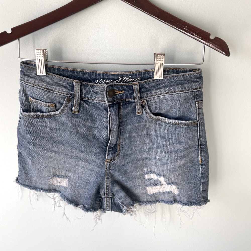 Mid rise cutoff denim jean shorts medium wash distressed